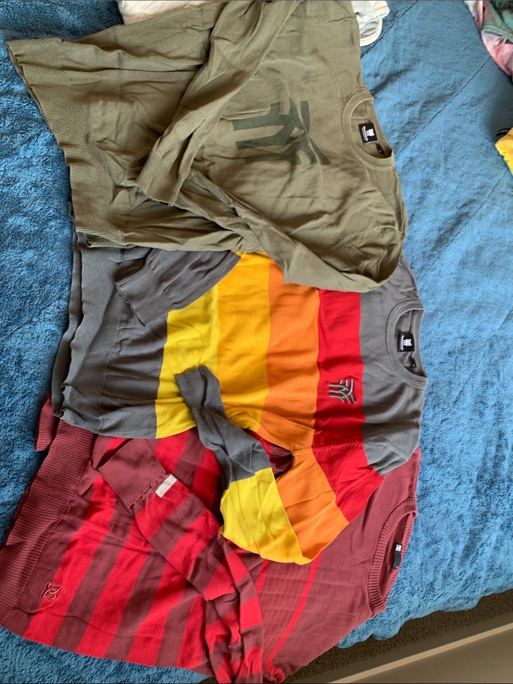 Three Casual Knit Sweaters - Olive, Gray Multi-Stripe, Red Striped